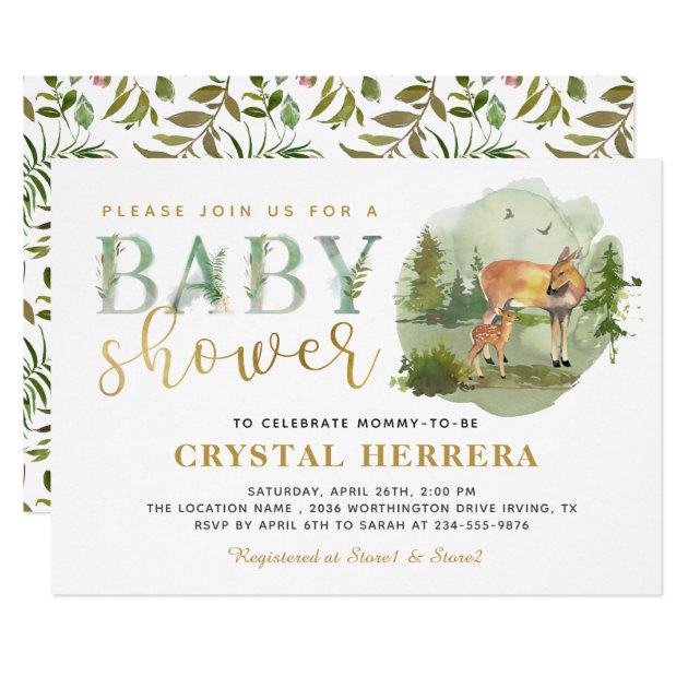 Watercolor Woodland Deer Greenery Baby Shower Invitation