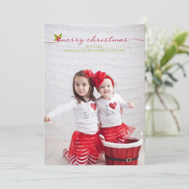 Full Photo Merry Christmas Holly And Berries Holiday Card