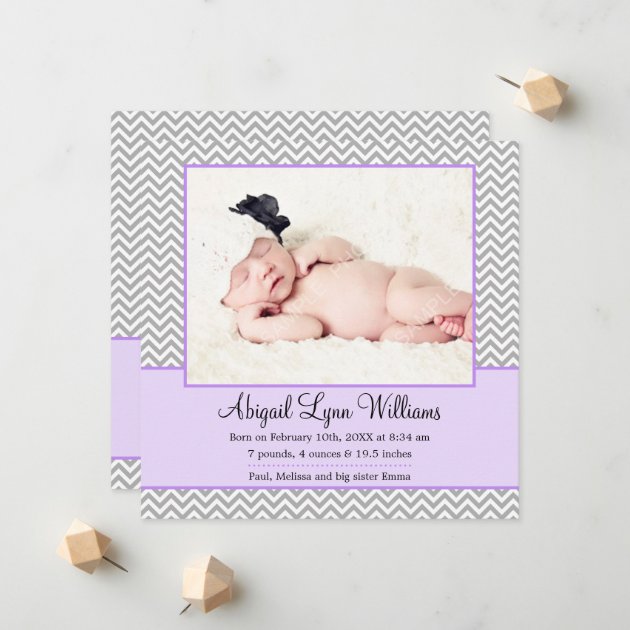 Purple Gray Chevron Girl Photo Birth Announcement
