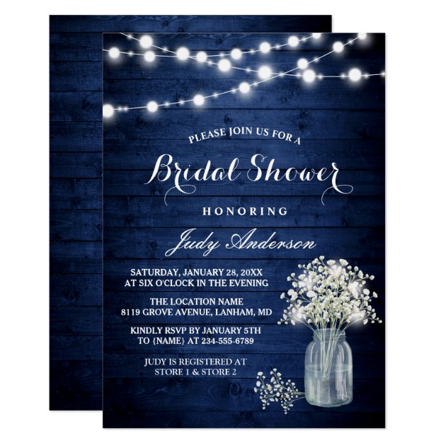Babys Breath Rustic Navy Blue Lights Bridal Shower Invitation