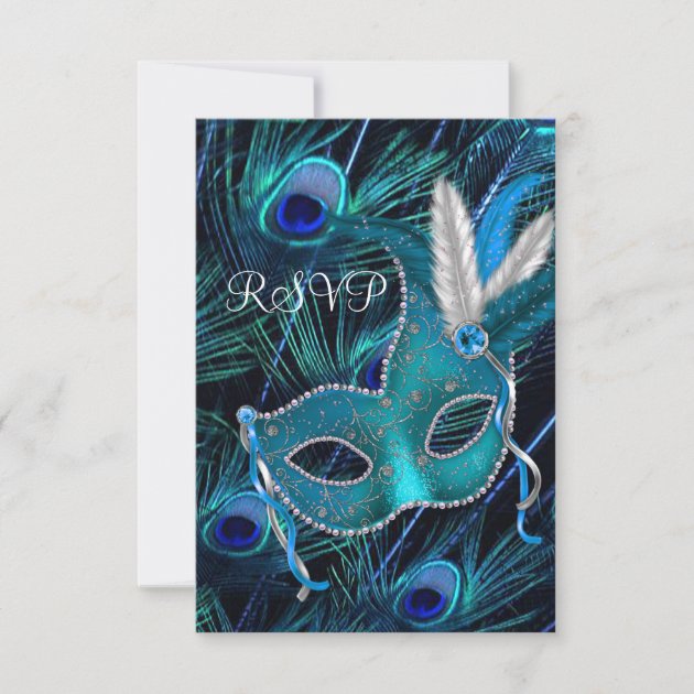 Teal Blue Peacock Mask Masquerade Party RSVP
