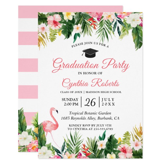 Flamingo Tropical Leaves Floral Graduation Party Card