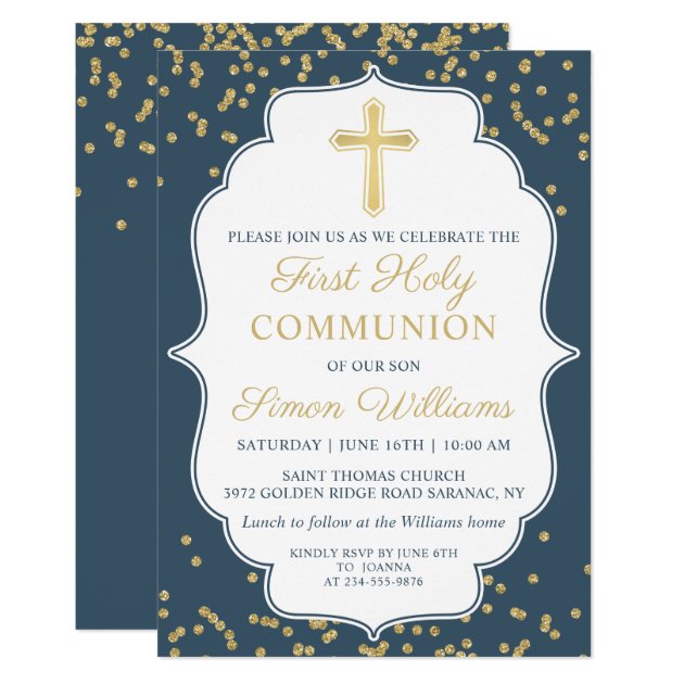 Navy Blue Gold Cross Glitter First Holy Communion Invitation