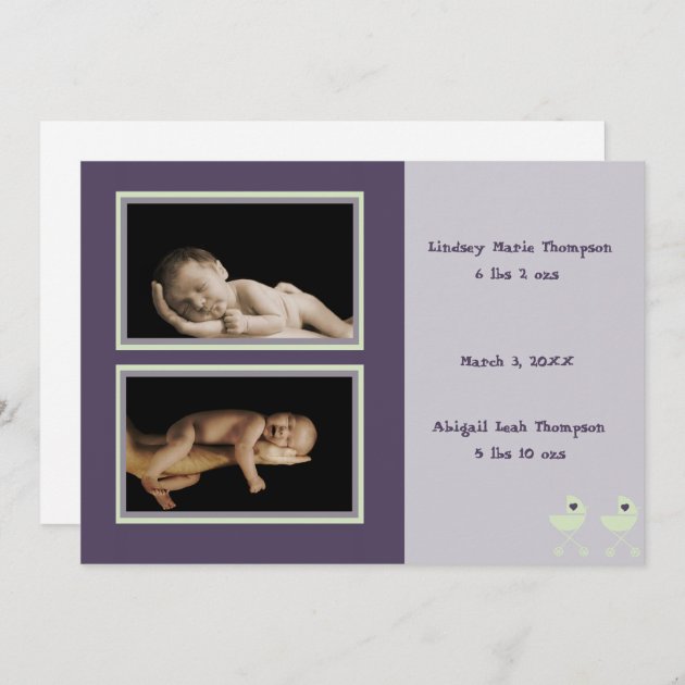 Twin Baby Carriages Birth Announcement (lavender)