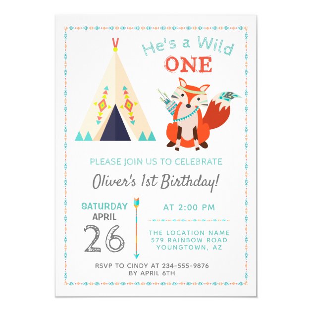 Woodland Wild One Fox Boho Teepee Boy1st Birthday Invitation