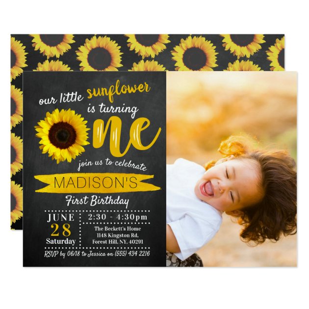 Little Sunflower Chalkboard 1st Birthday Photo Invitation