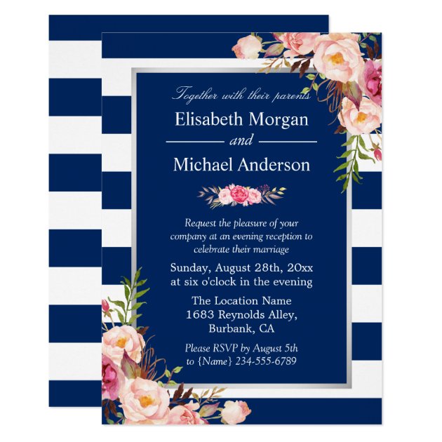 Blush Floral Silver Navy Blue Stripes Wedding Invitation