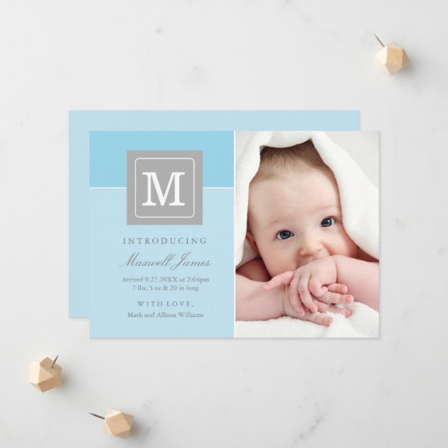Photo Birth Announcement Card | Blue Letter Block