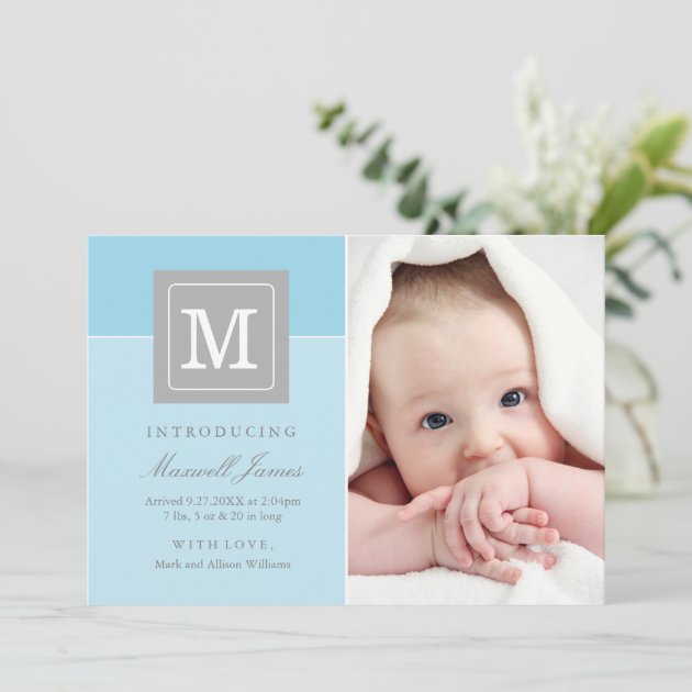 Photo Birth Announcement Card | Blue Letter Block