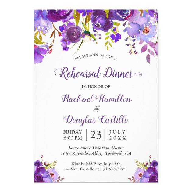 Violet Purple Watercolor Floral Rehearsal Dinner Invitation