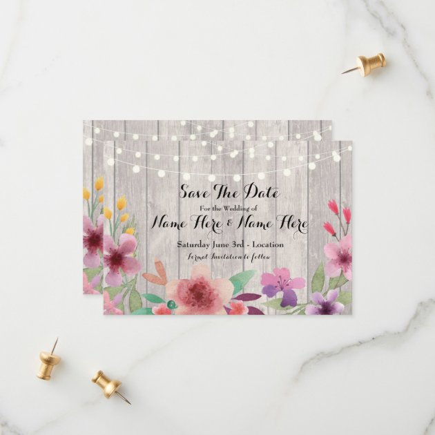 Save The Date Wood Rustic Floral Lights Invite