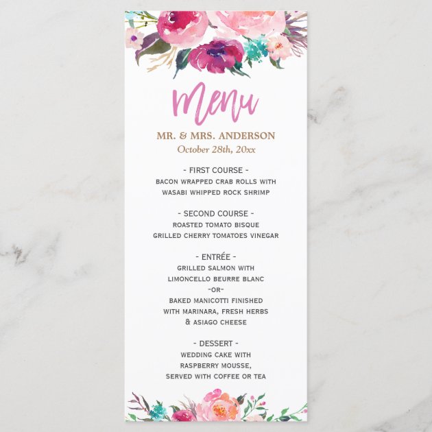 Modern Watercolor Purple Pink Floral Wedding Menu