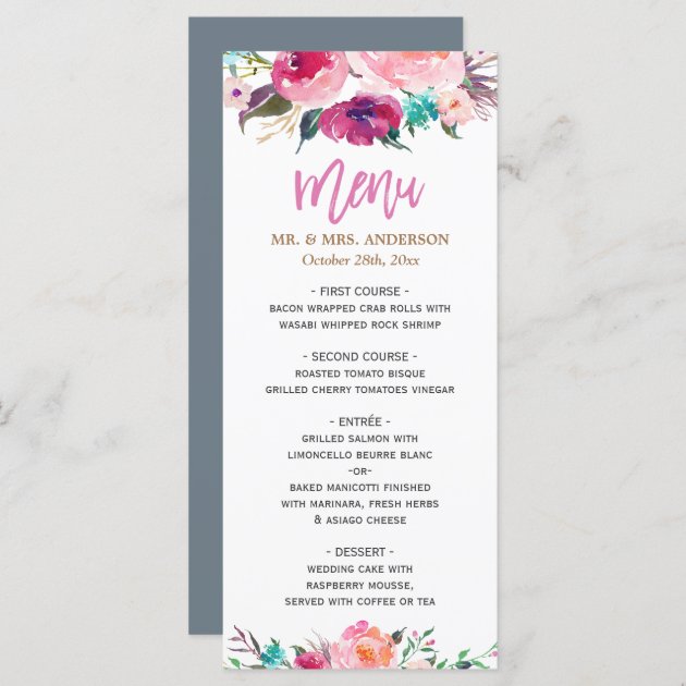 Modern Watercolor Purple Pink Floral Wedding Menu