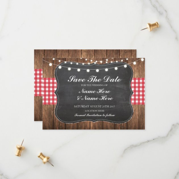 Save The Date Chalk Wood Rustic Red Check Card