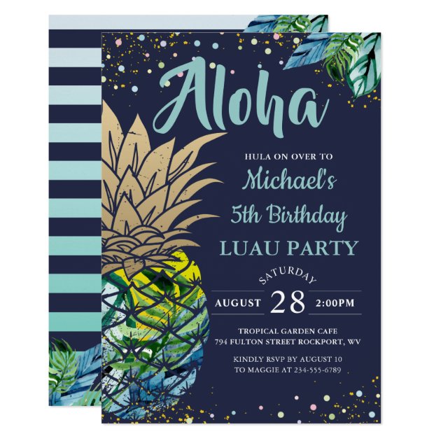 Tropical Luau Pineapple Beach Navy Blue Birthday Invitation