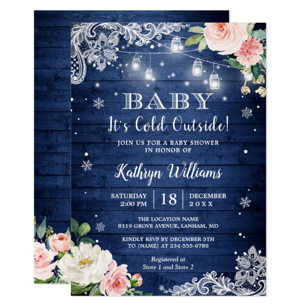 Baby It's Cold Outside Winter Blue Blush Floral Invitation
