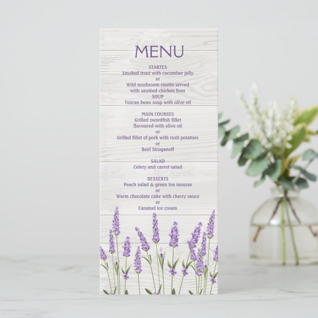 Purple Lavender Flowers On Wood Wedding Menu