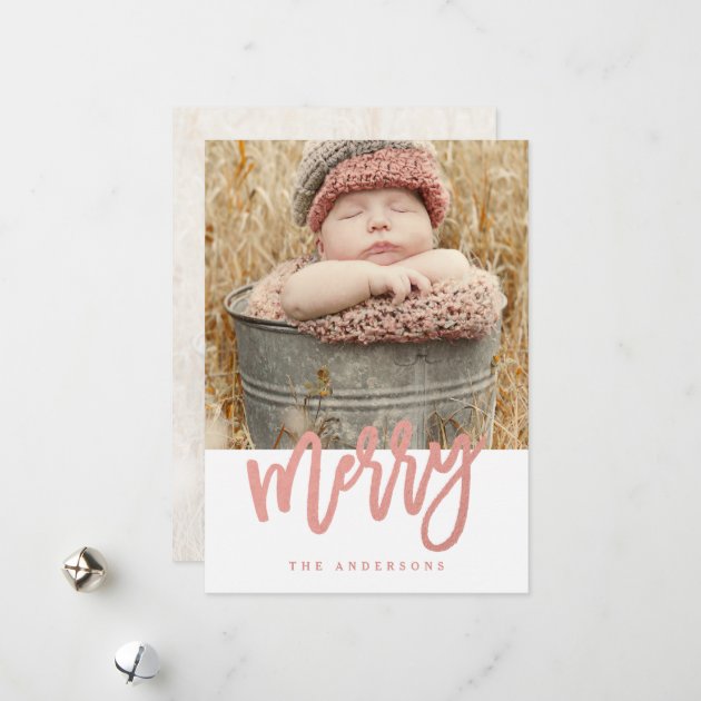 Merry Script Faux Rose Gold Foil Holiday Photo