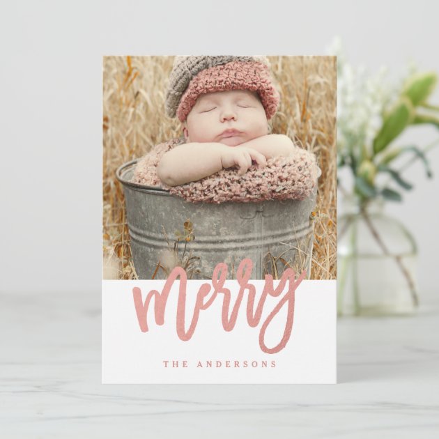 Merry Script Faux Rose Gold Foil Holiday Photo