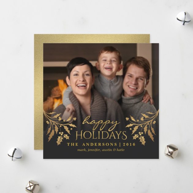 Happy Holidays Gold Holly Photo Flat Card