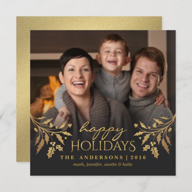 Happy Holidays Gold Holly Photo Flat Card