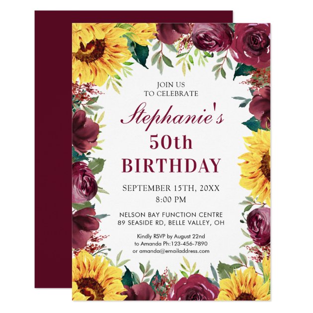 50th Birthday Party Sunflower Burgundy Rose Border Invitation