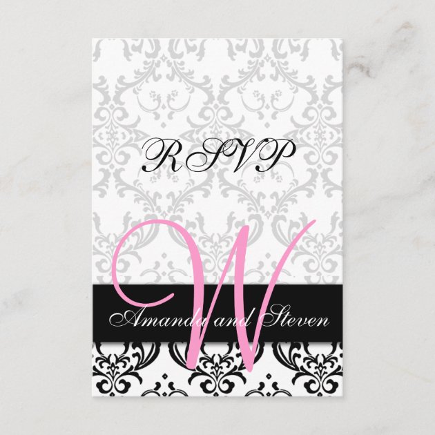 Pretty Damask Pink Monogram Wedding RSVP Card