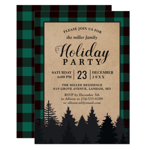 Green Buffalo Plaid Winter Forest Holiday Party Invitation