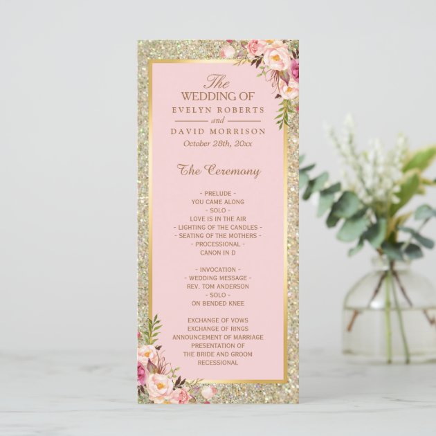 Gold Glitter Blush Pink Floral Wedding Program