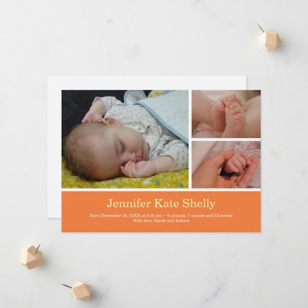 Montage 3 Photo Orange Baby Birth Announcement