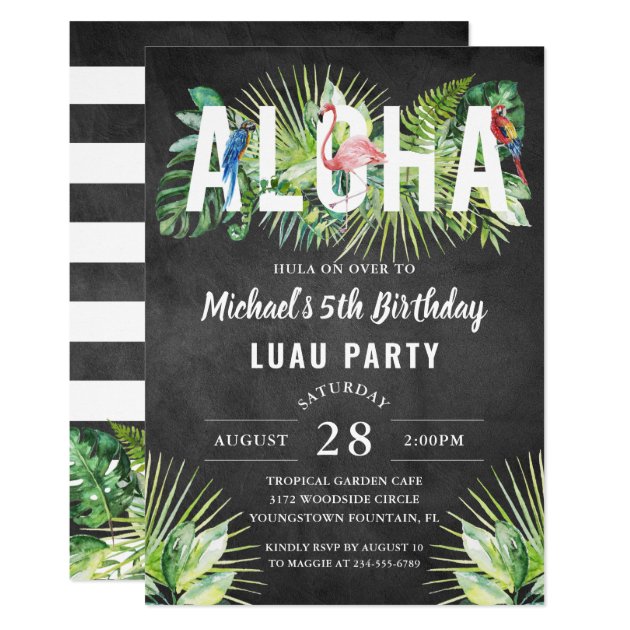 Aloha Flamingo Tropical Birds Black Luau Birthday Invitation