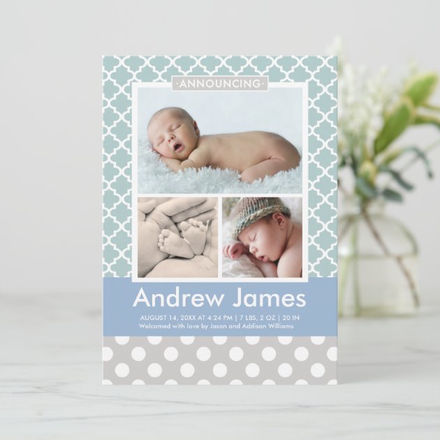 Boy Photo Birth Announcement Card | Modern Pattern