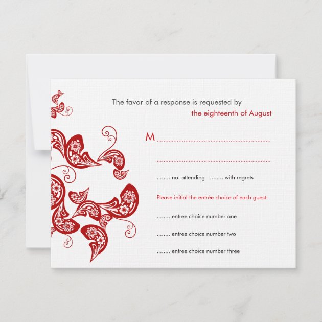 Red Floral Peacock Custom Wedding RSVP Reply Card
