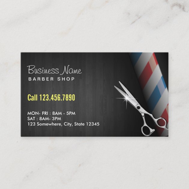 Barber Shop Professional Dark Wood Silver Scissor Business Card (front side)