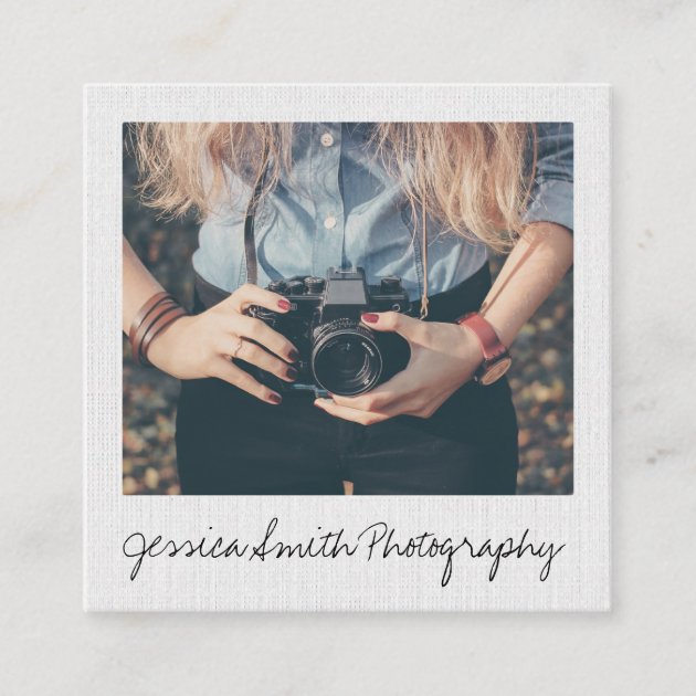 Rustic photographer photo white paper texture square business card (front side)