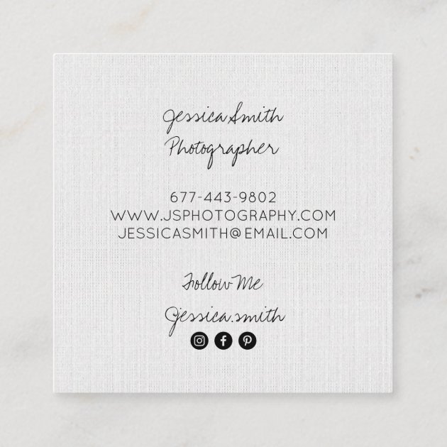 Rustic photographer photo white paper texture square business card (back side)