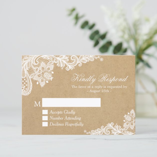 Classy White Lace In Kraft Wedding RSVP Reply