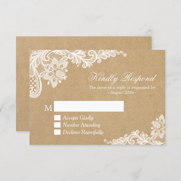 Classy White Lace In Kraft Wedding RSVP Reply