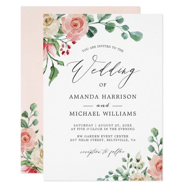 Hand Drawn Watercolor Rose Floral Wedding Invitation