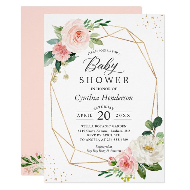 Gold Confetti Geometric Blush Floral Baby Shower Invitation