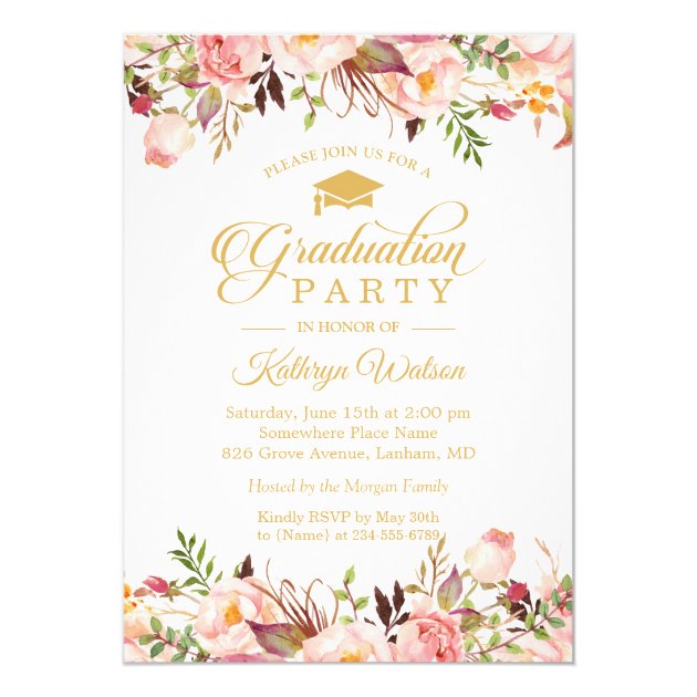 Girly Rustic Floral Gold Photo Graduation Party Card
