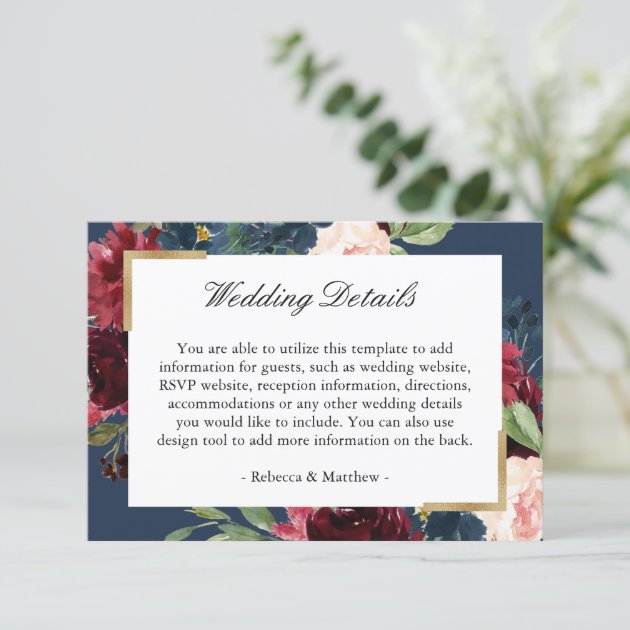 Modern Vintage Burgundy Blue Floral Wedding Detail Enclosure Card