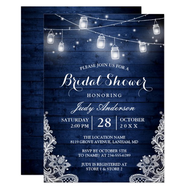 Rustic Blue Mason Jars Lights Lace Bridal Shower Invitation