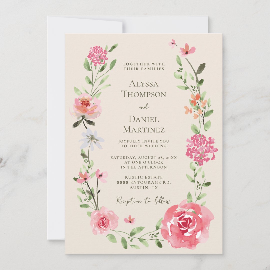 Elegant Blush Pink floral Watercolor Wedding Invitation (Front)