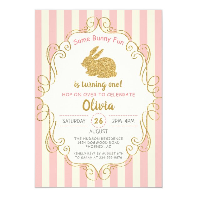 Pink Gold Glitter Some Bunny Birthday Invitation