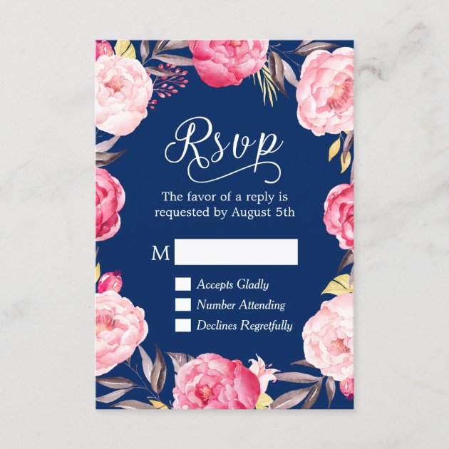 Pink Floral Wreath Navy Blue RSVP Reply