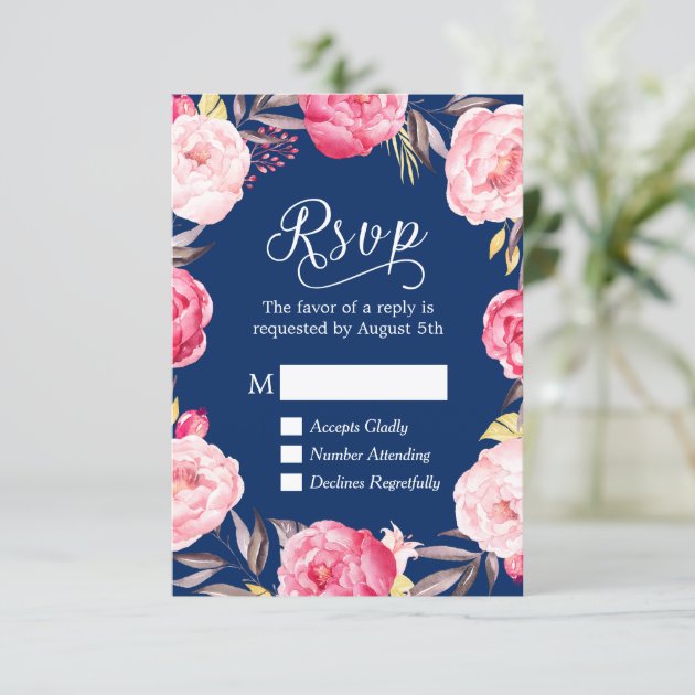 Pink Floral Wreath Navy Blue RSVP Reply