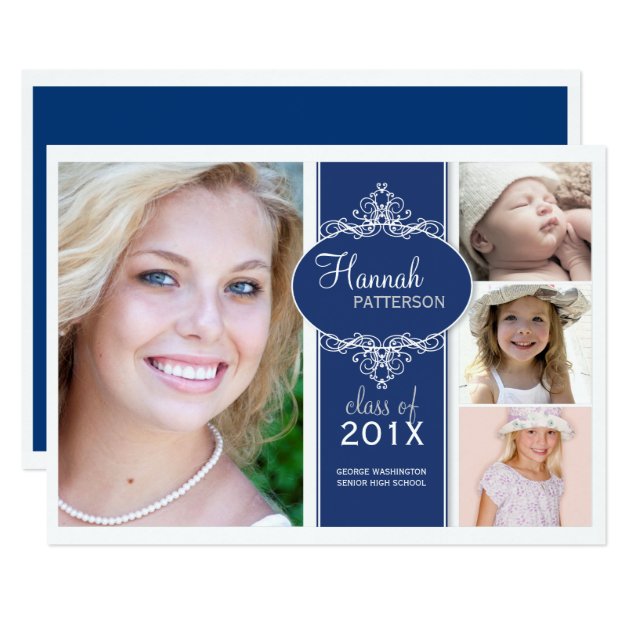 Elegant Girl 4 Photo Blue & White Graduation Card