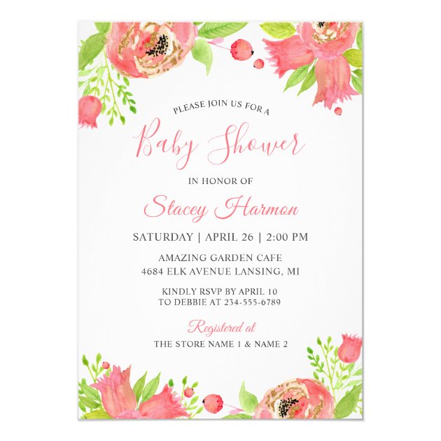 Coral Pink Floral Garden Watercolor Baby Shower Invitation