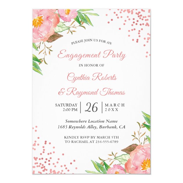 Botanical Blush Pink Floral Chic Engagement Party Invitation